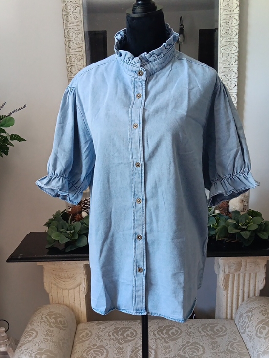 Tops - Light Blue Ruffle Collar Button-Up Shirt